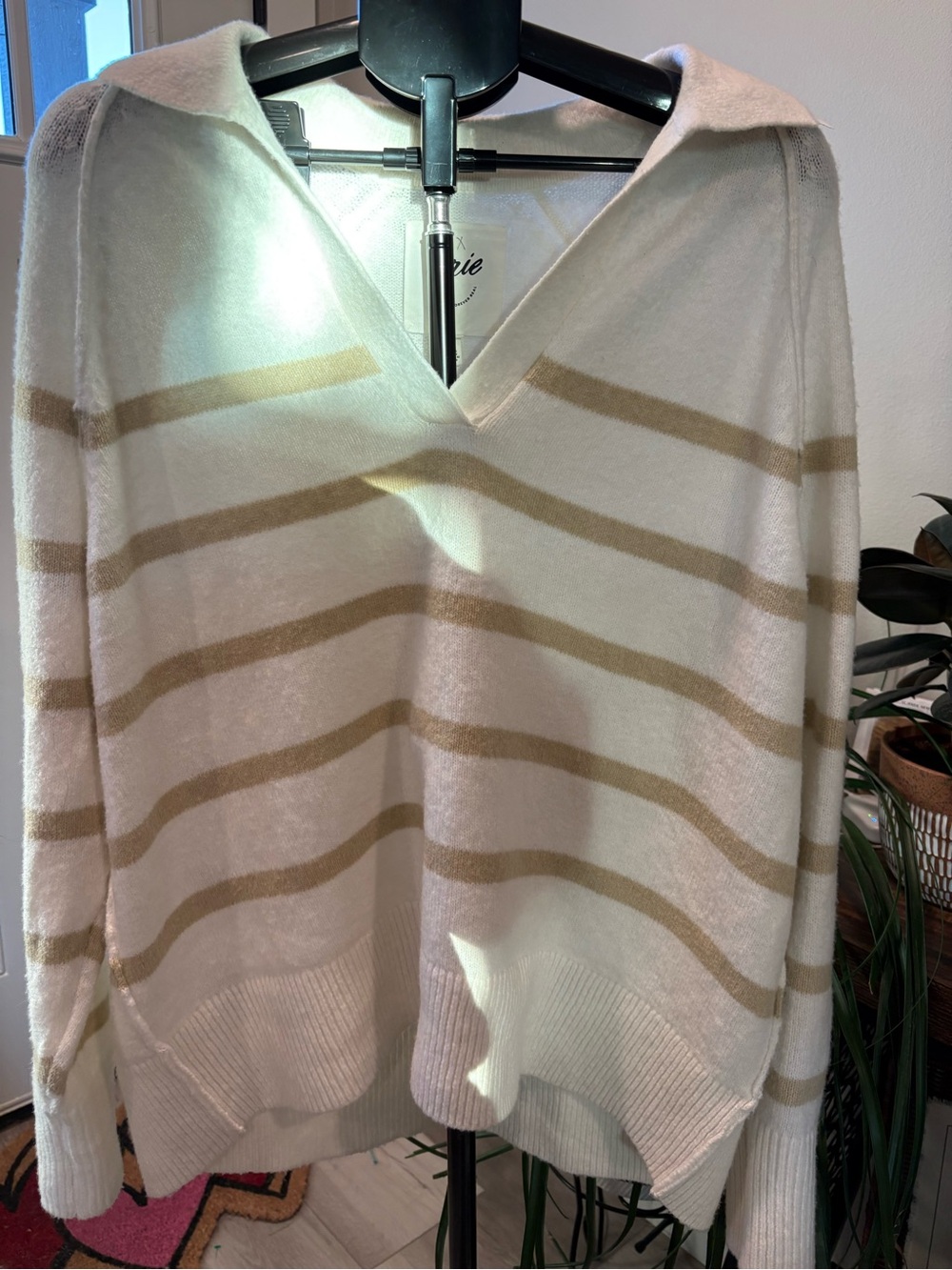 aerie Cream V-Neck Sweater with Tan Stripes